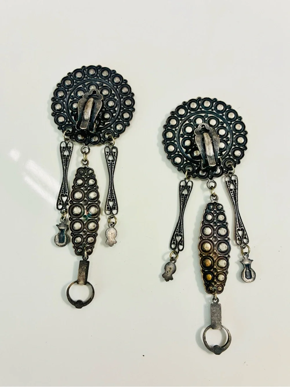 Antique Silver-Tone Art Deco Revival Dark Swarovski Dangle Clip Earrings 90s EUC